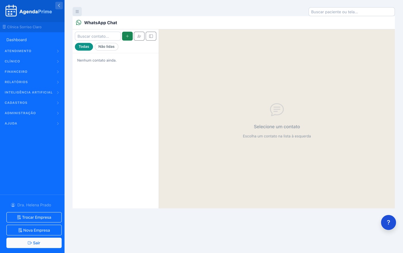 Conversa de WhatsApp dentro do sistema, ligada ao paciente